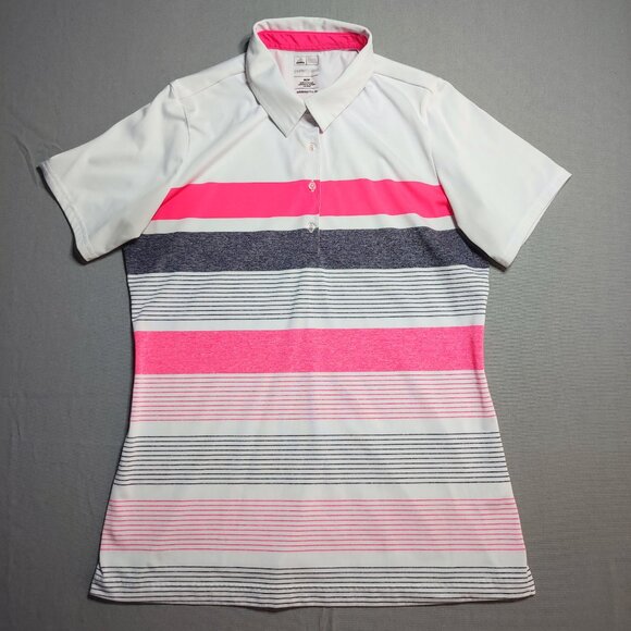 Adidas Golf Puremotion polo shirt women's size M white with grey & pink stripes - Picture 1 of 11